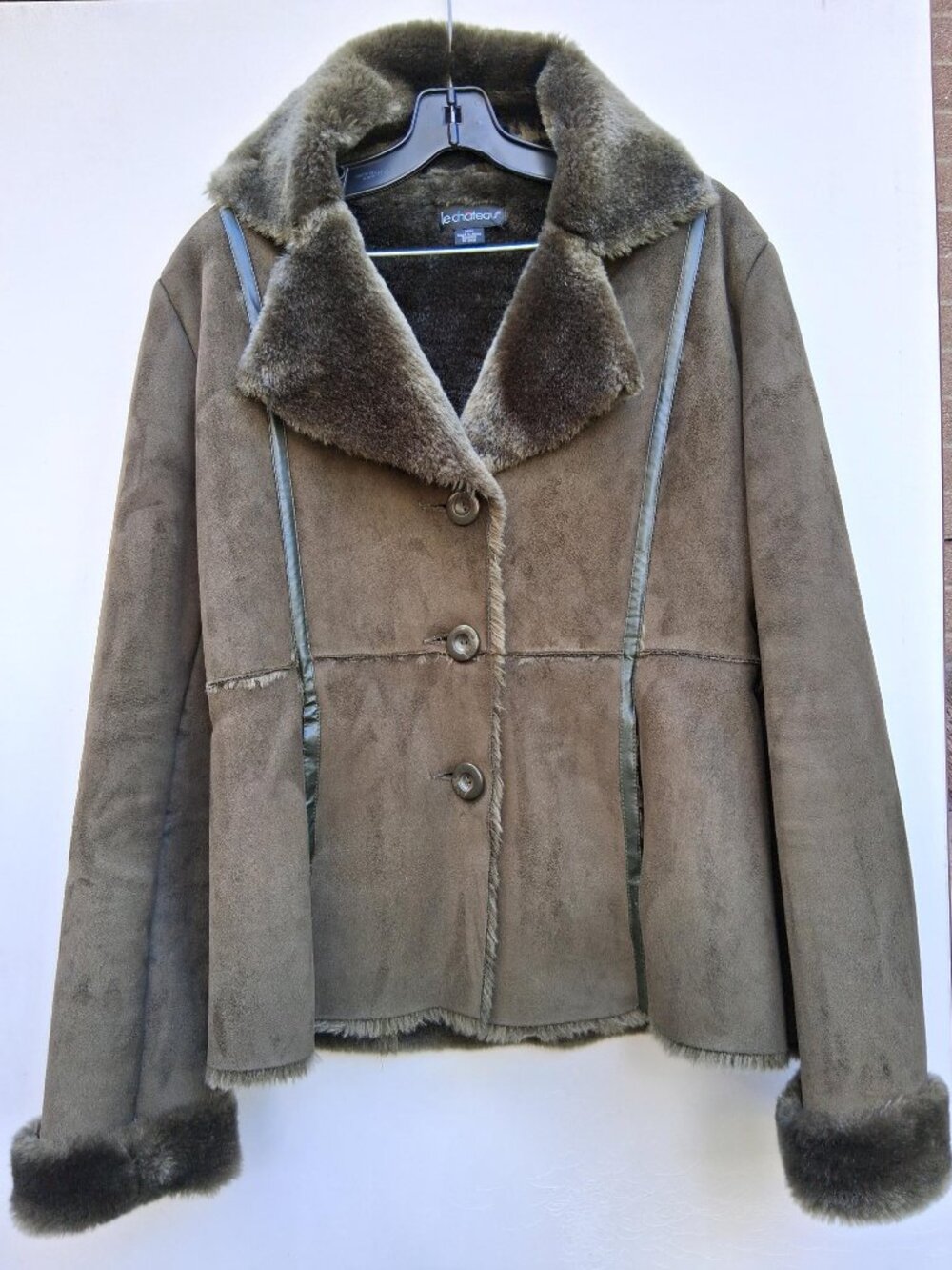 Vintage Le Château faux fur and suede jacket/coat, olive (size M)